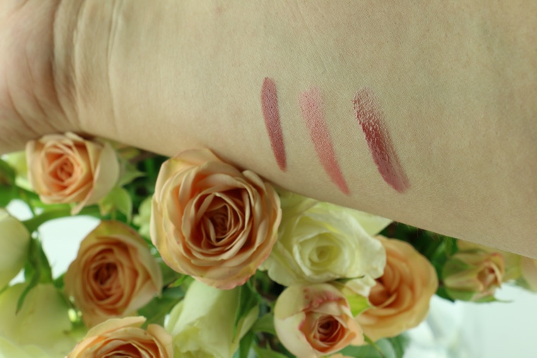 Honest Beauty Truly Kissable Lip Crayons, swatches (from left to right:  Marsala Kiss, Sheer Raspberry Kiss and Lip Gloss in Creative Kiss)
